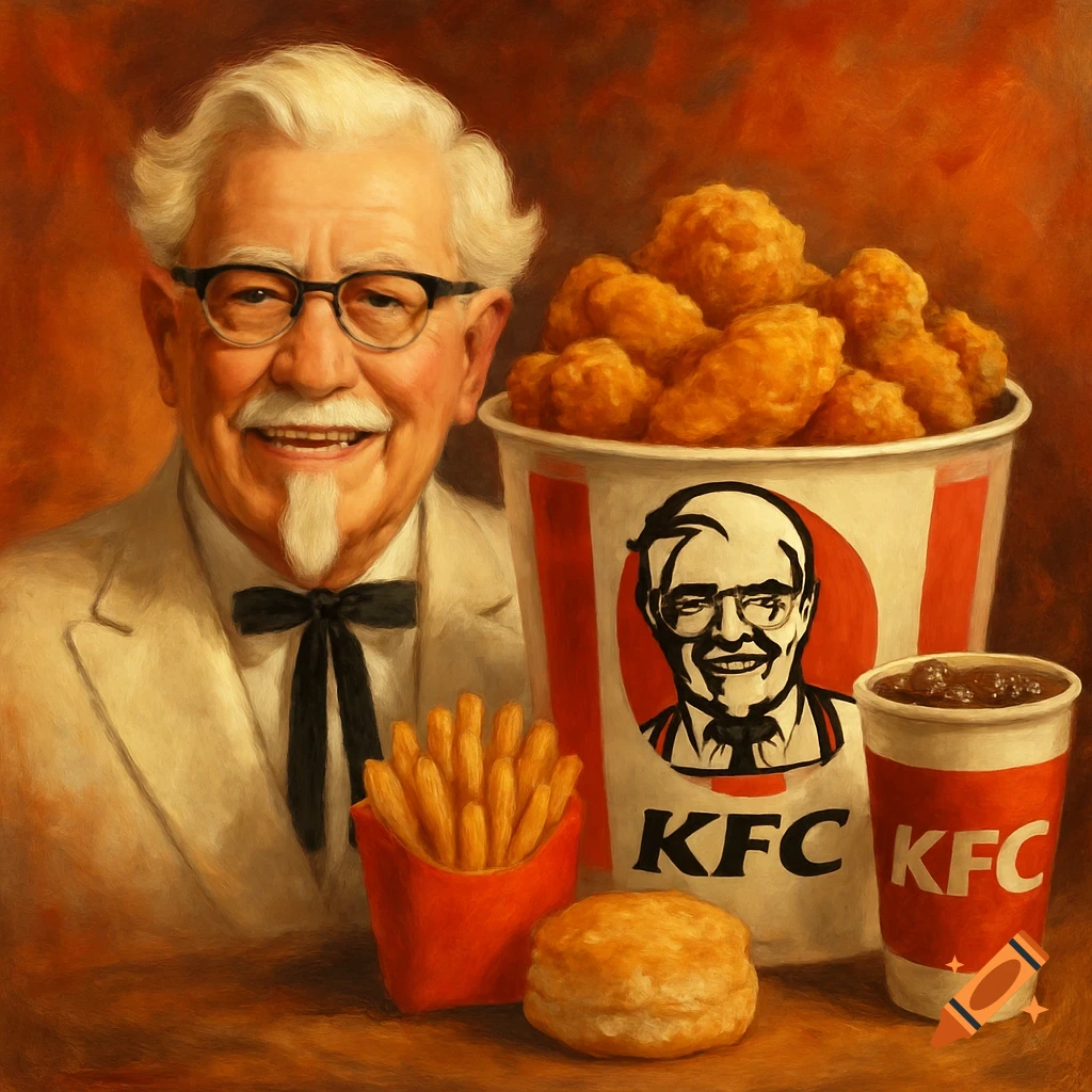 A painted portrait of Colonel Sanders smiling next to a bucket of fried chicken, fries, a biscuit, and a KFC drink.