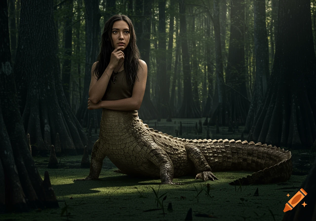 Photorealistic depiction of a woman with an alligator body standing in a dark, misty swamp.