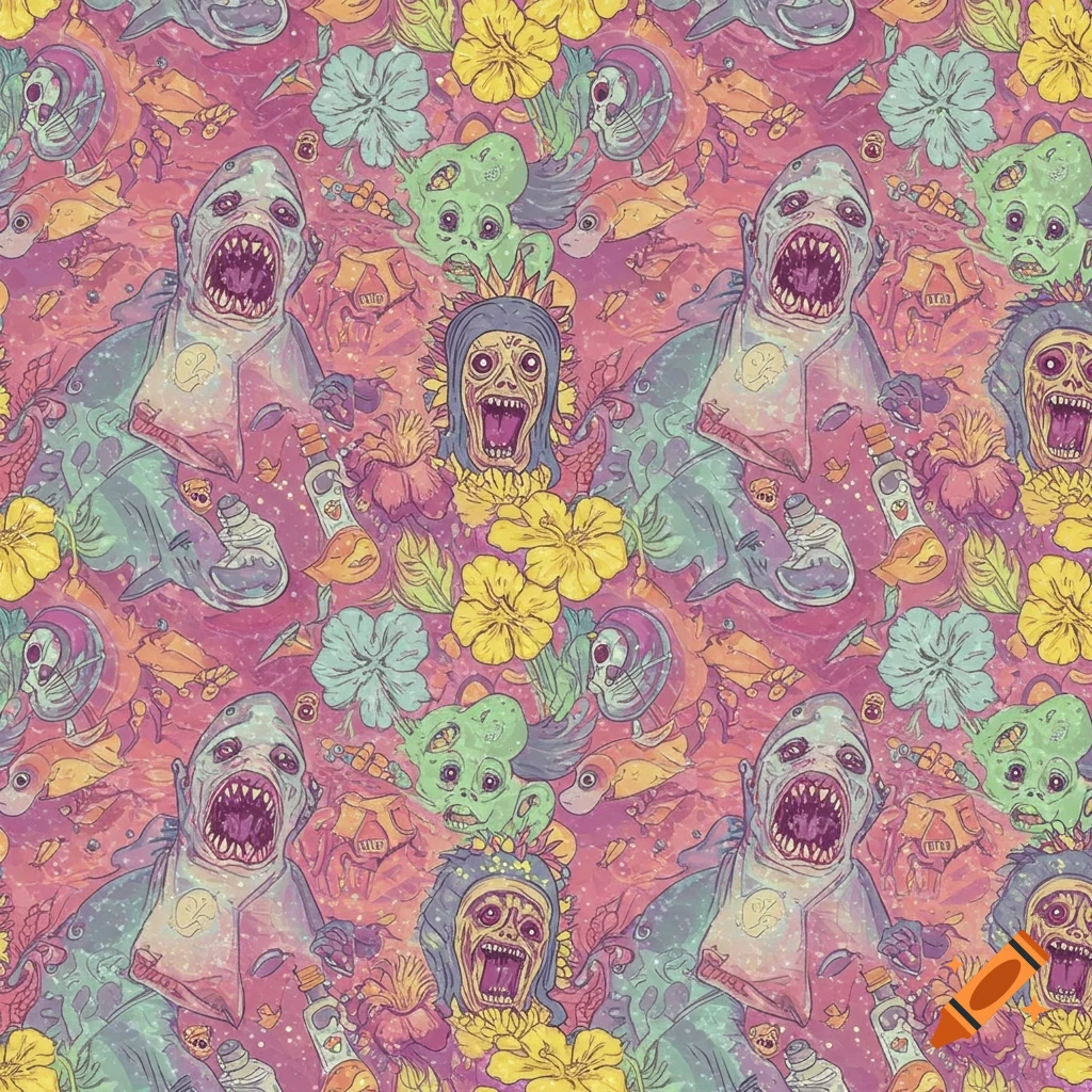 A vibrant, seamless horror-themed pattern featuring cartoon sharks, zombie faces, potion bottles, and tropical hibiscus flowers.