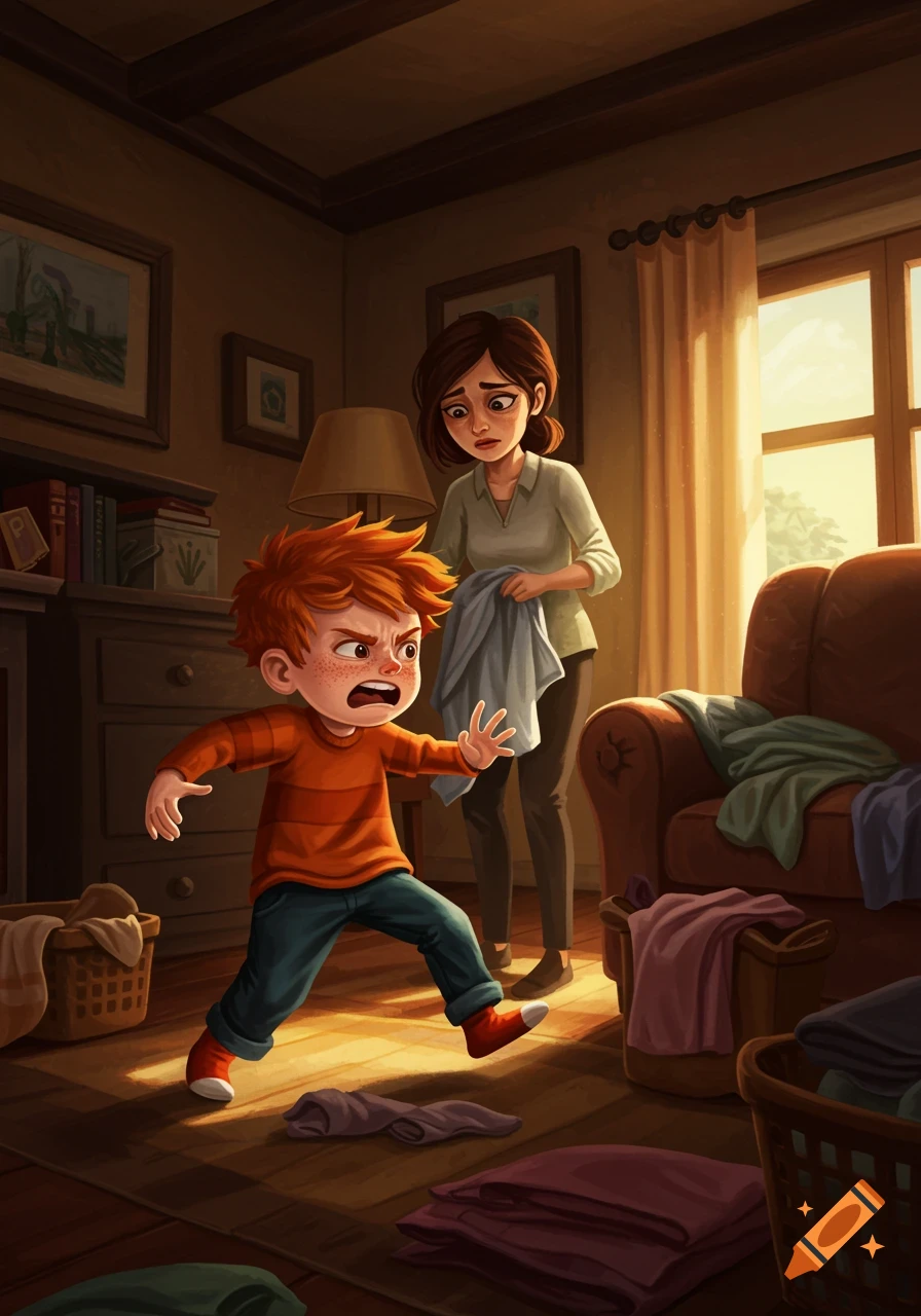 An illustration of an angry young boy having a tantrum in a cluttered room while his overwhelmed mother stands nearby with laundry.