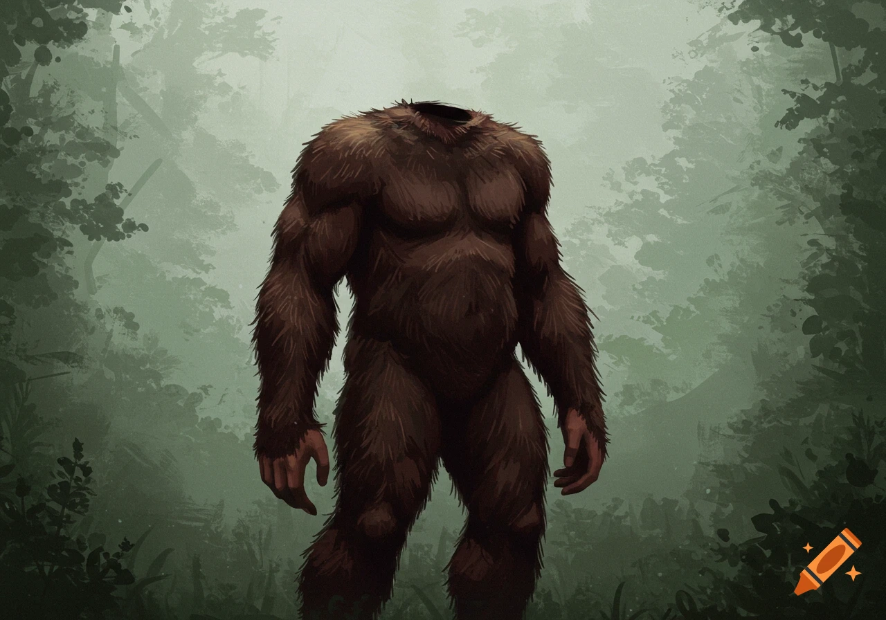 A headless Bigfoot creature stands in a misty forest, rendered in a dark, stylized illustration.