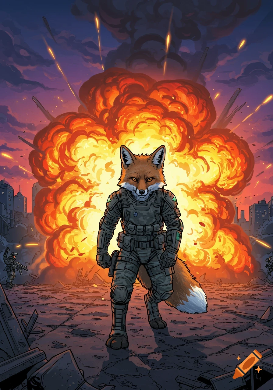 An anthropomorphic fox in military gear stands in front of a massive explosion in a ruined city, in a comic book art style.