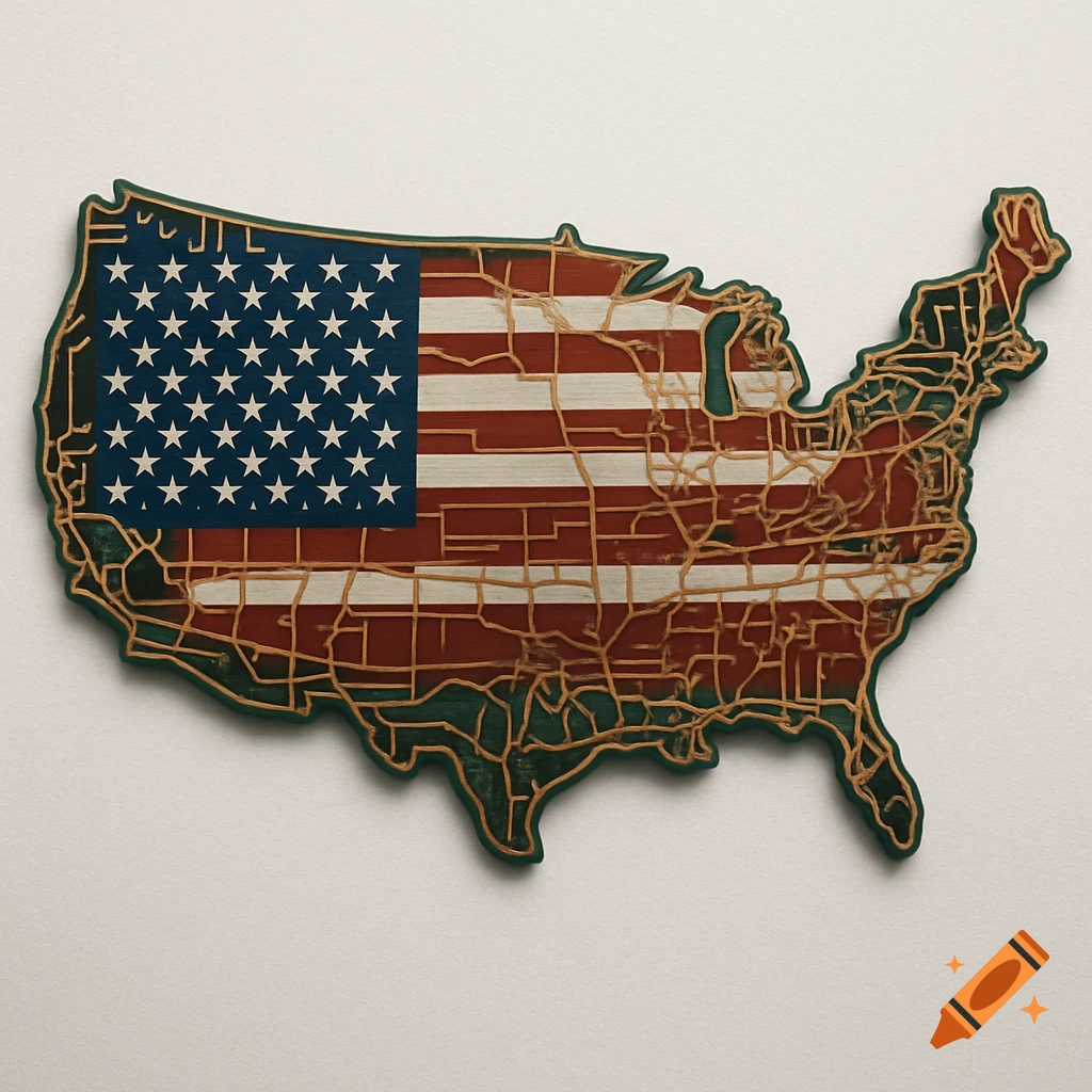 A stylized map of the continental USA, resembling a PCB, with the American flag design and copper-colored traces outlining states.