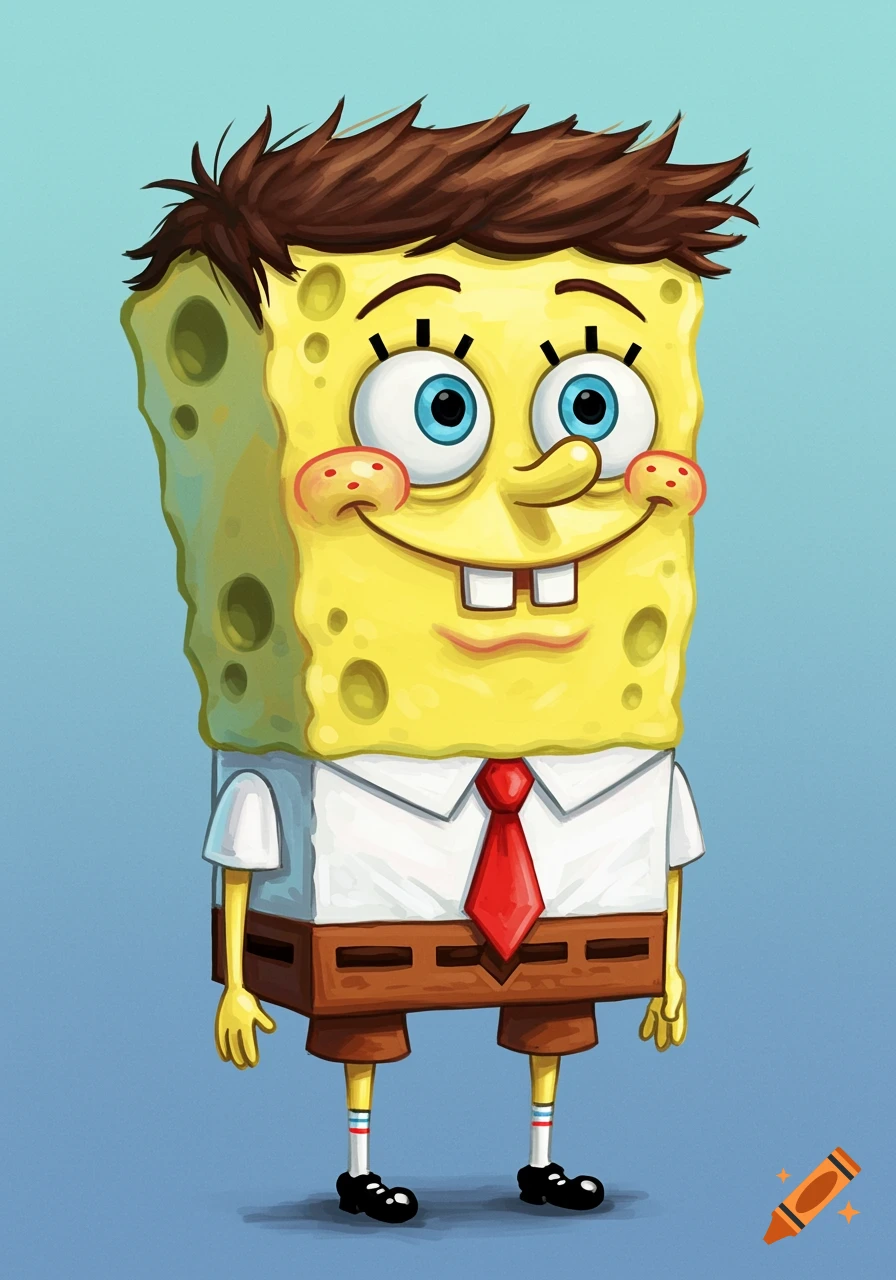 An illustration of SpongeBob SquarePants with brown human hair, a white shirt, red tie, brown shorts, white socks, and black shoes, standing on a light blue background.