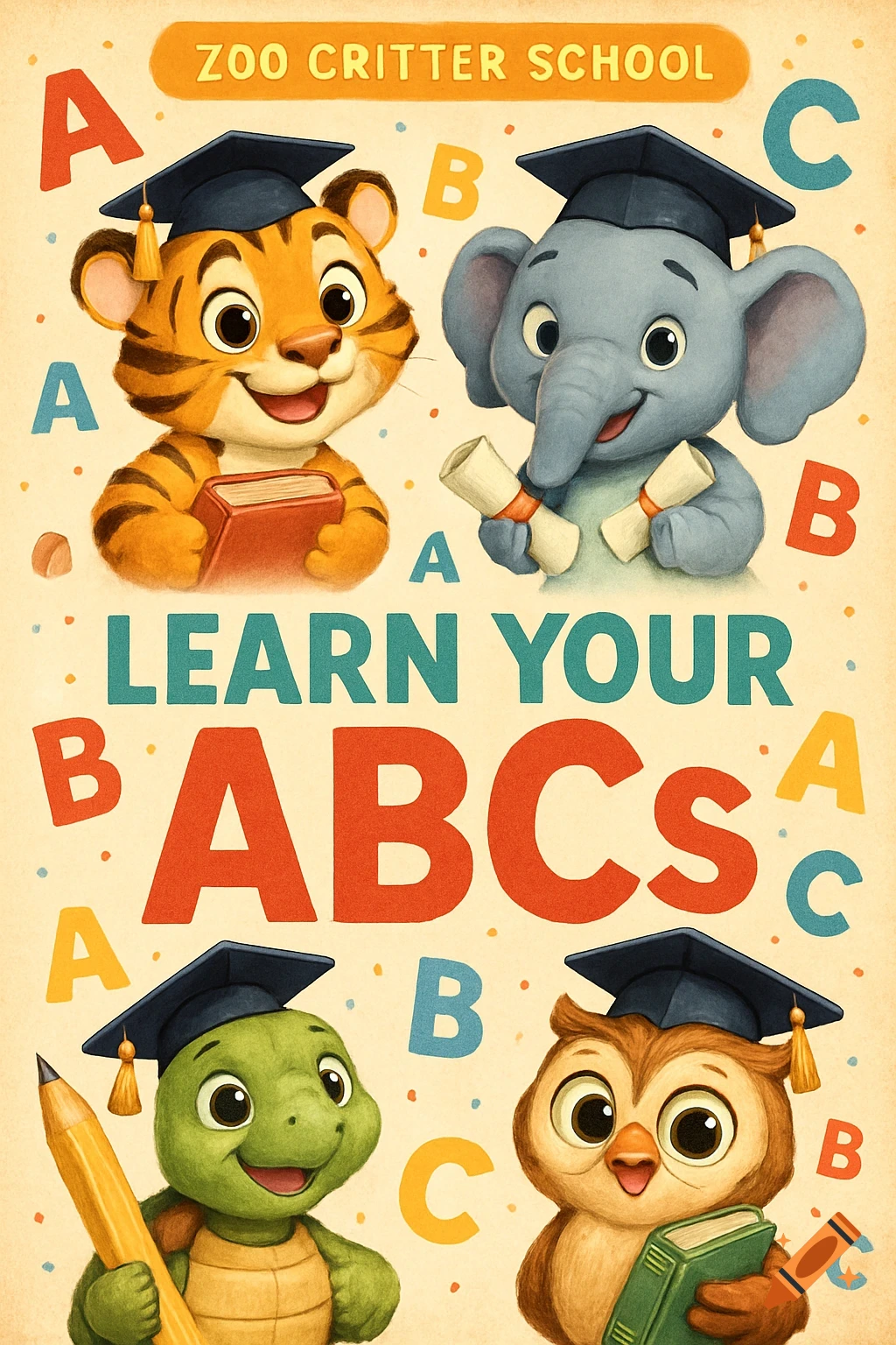 Cute cartoon animals, including a tiger, elephant, turtle, and owl, wearing graduation caps, with 'ZOO CRITTER SCHOOL' and 'LEARN YOUR ABCs' text on a vintage-style background.