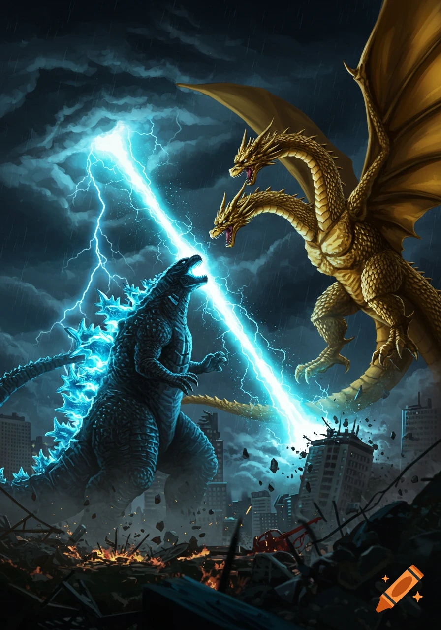 Godzilla fires an atomic breath beam at King Ghidorah in a stormy, destroyed city.