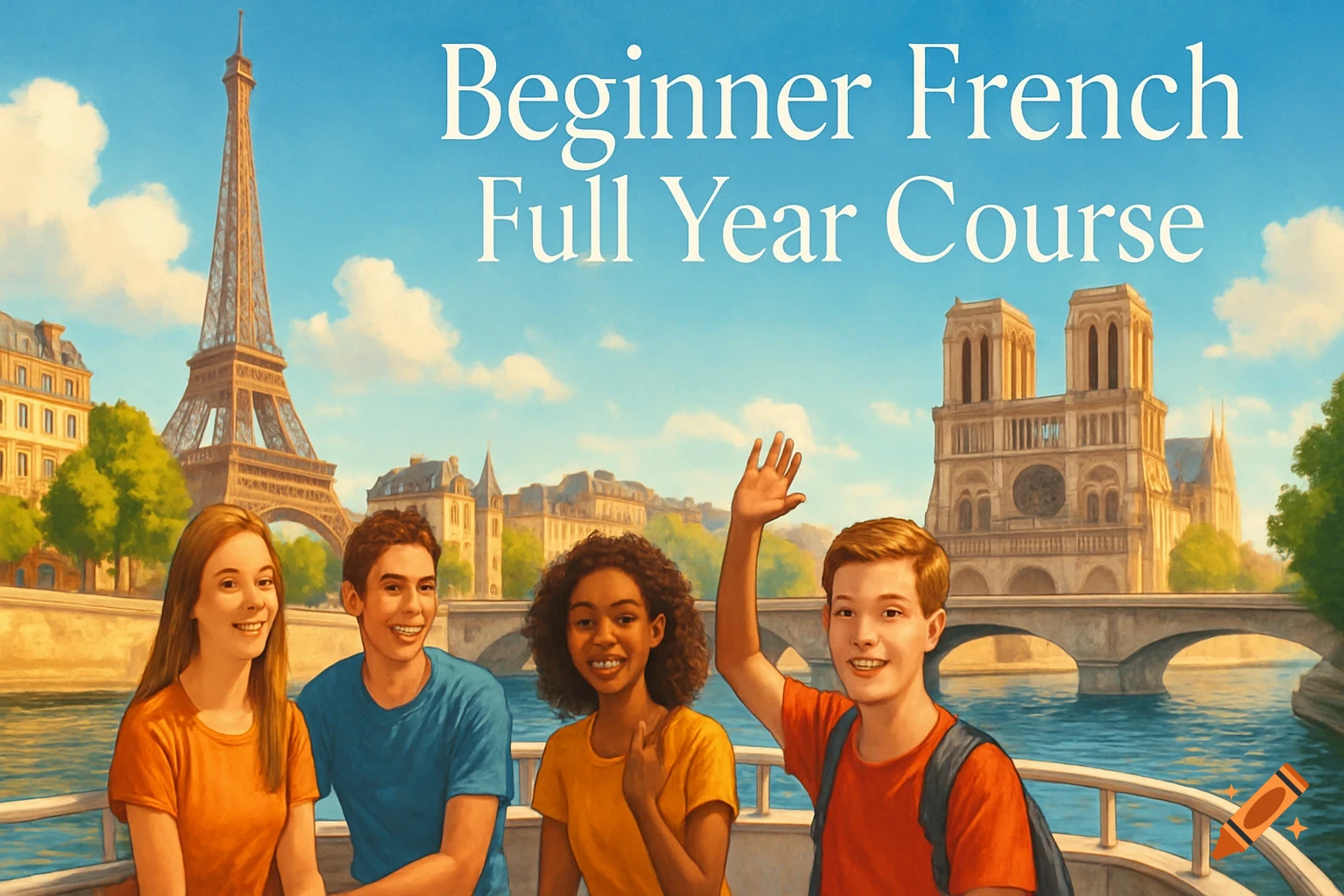 Cheerful teenagers on a Seine riverboat in Paris, with Eiffel Tower and Notre Dame, under text 'Beginner French Full Year Course'.