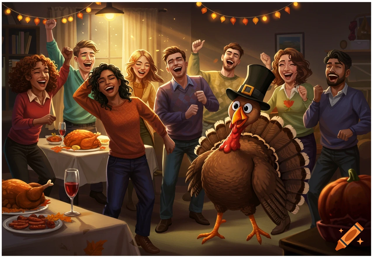 A diverse group of happy people and a large turkey wearing a pilgrim hat dance at a Thanksgiving celebration with food and string lights.