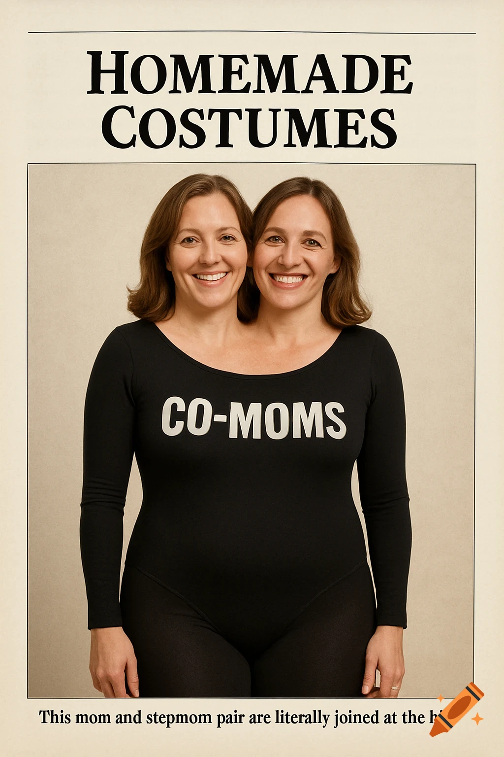 A homemade costumes poster features two women merged into one body wearing a black bodysuit that says "CO-MOMS".