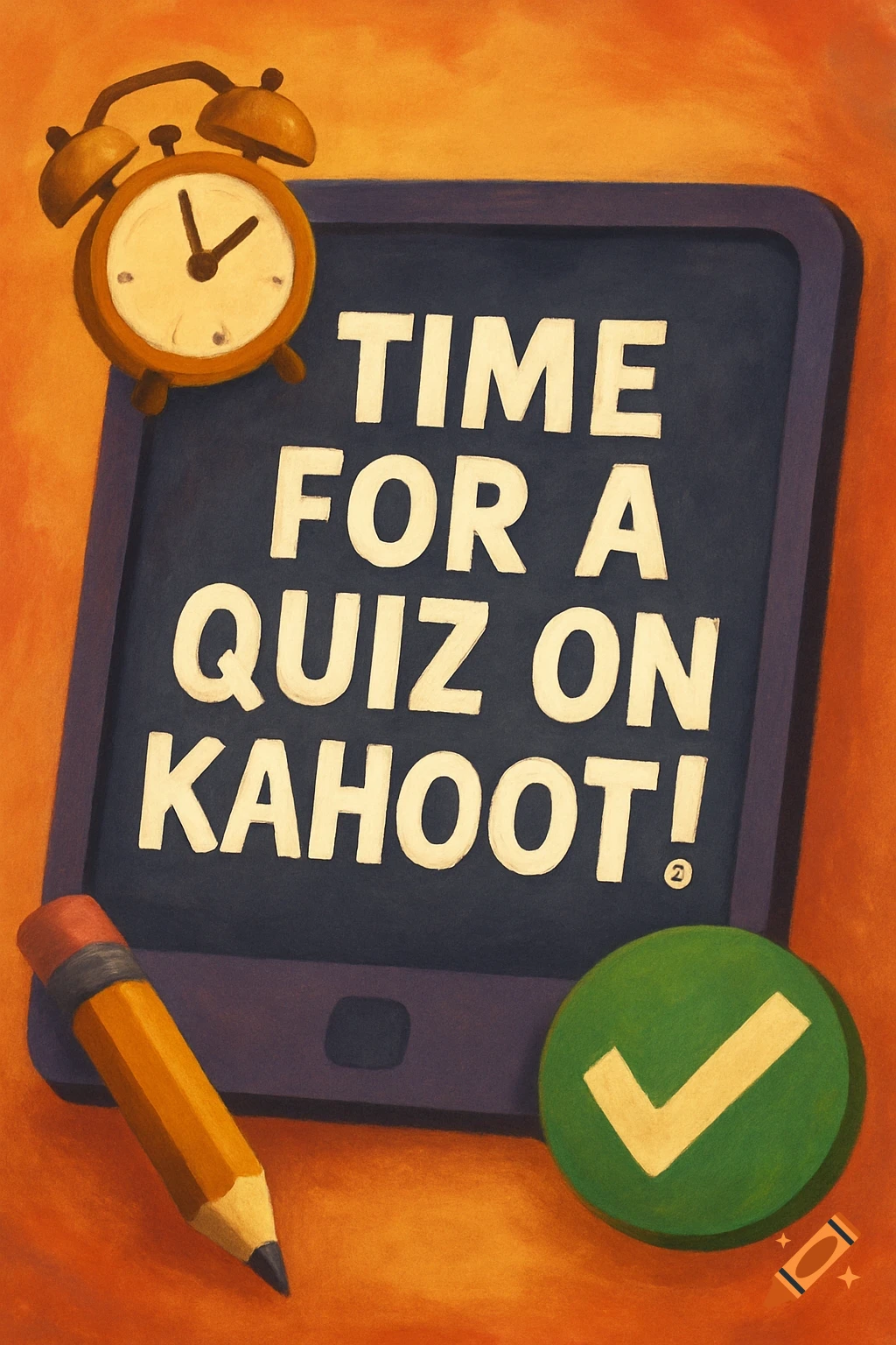 Stylized illustration of an alarm clock, tablet displaying 'TIME FOR A QUIZ ON KAHOOT!', a pencil, and a green checkmark on an orange background.