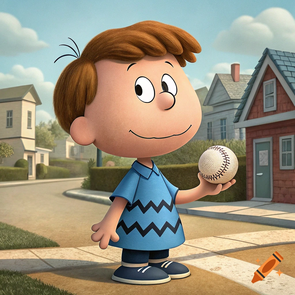 A 3D animated boy, resembling a Peanuts character, stands on a suburban street holding a baseball.