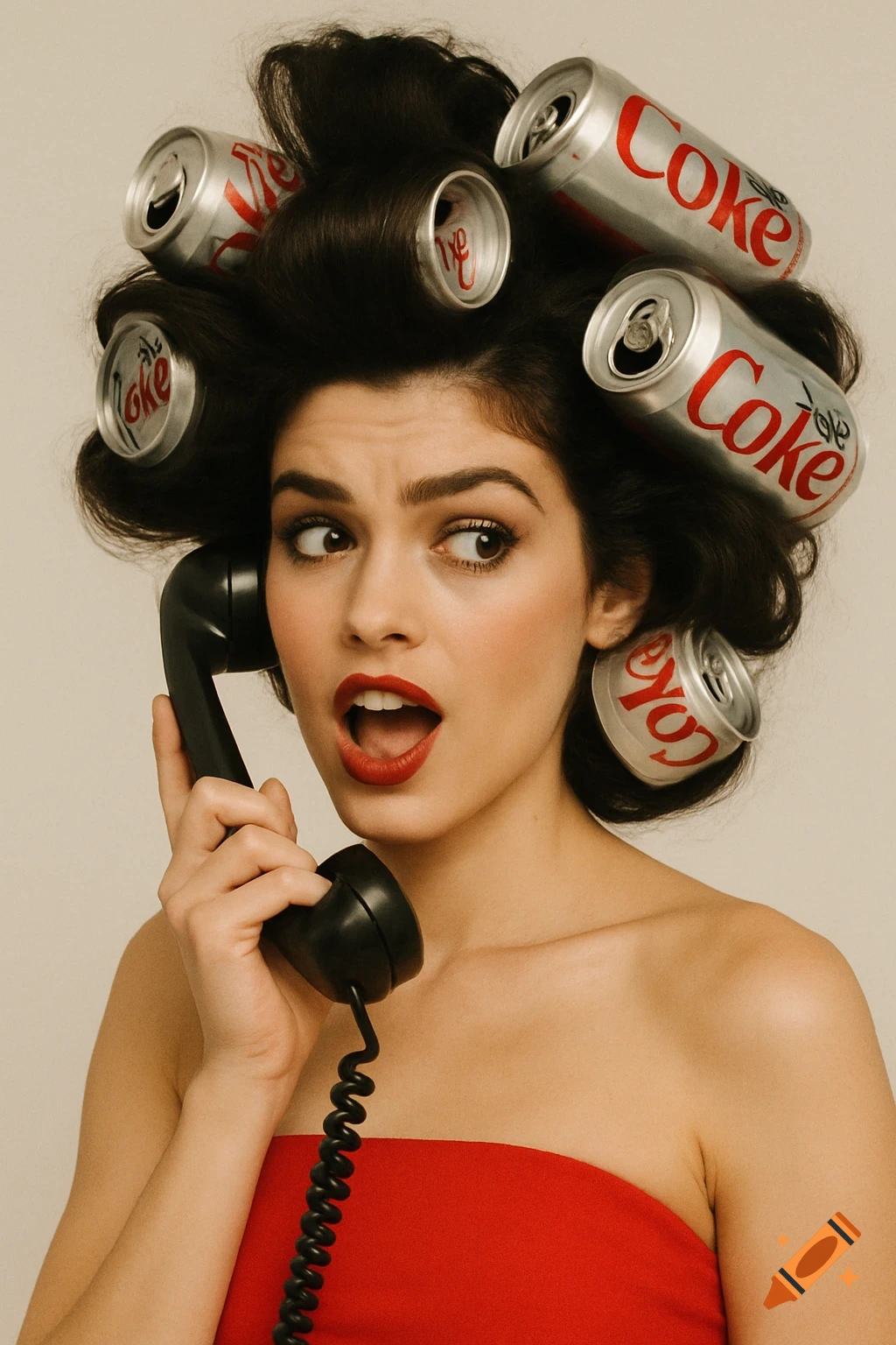 A woman with a vintage phone to her ear, surprised expression, hair styled with Diet Coke cans as rollers, wearing a red strapless top.
