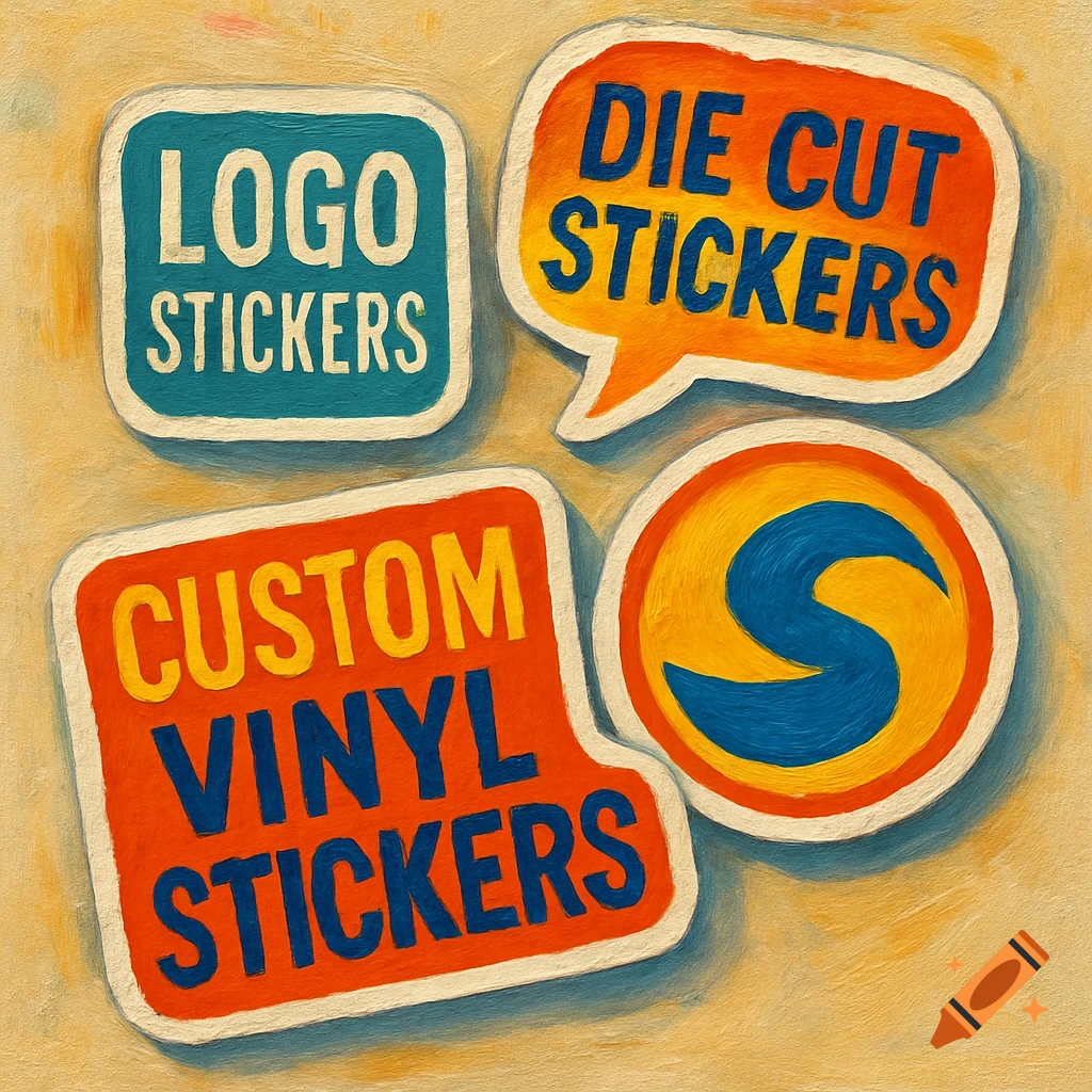 Four colorful graphic stickers with text 'Logo Stickers', 'Die Cut Stickers', 'Custom Vinyl Stickers', and an 'S' logo in a painterly style.