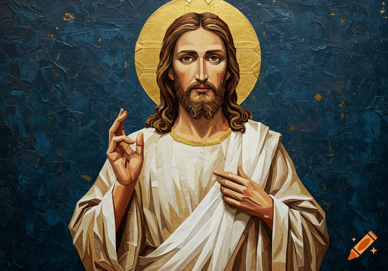 Stylized portrait of Jesus Christ with a golden halo, rendered in a paper cutout art style against a textured blue background.