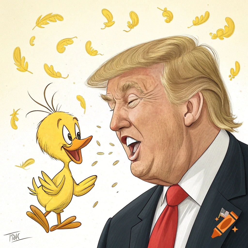 Humorous cartoon caricature of Donald Trump sneezing feathers at a cartoon duck.