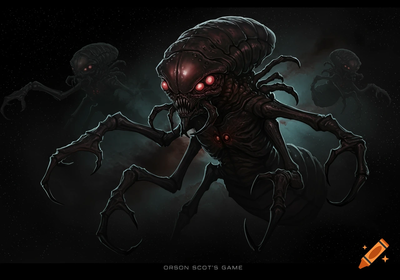 Dark, menacing insectoid alien creatures with glowing red eyes float in a dark, starry space, rendered in a detailed science fiction art style.