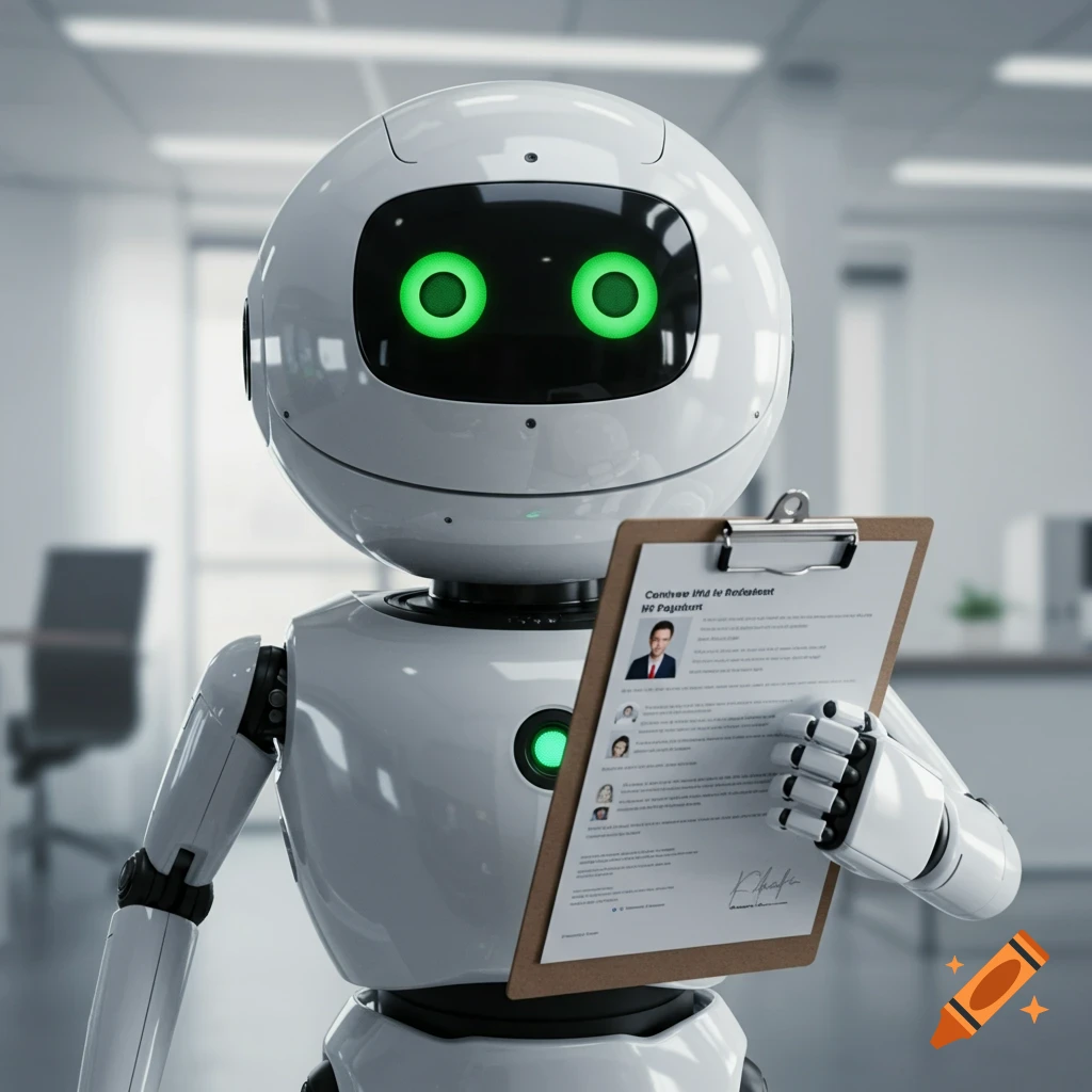 Photorealistic image of a white AI robot with glowing green eyes, holding a clipboard in a modern office environment.