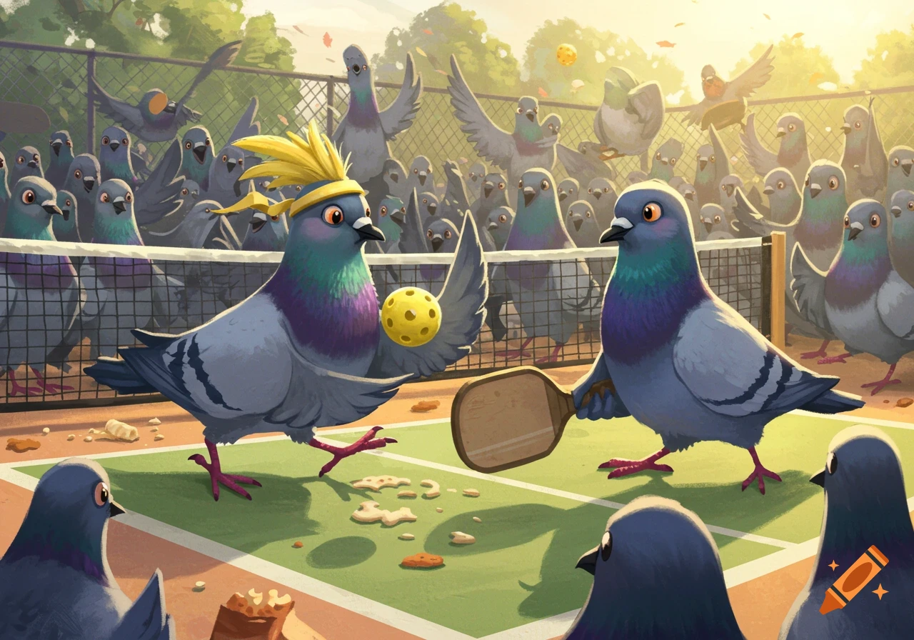 Cartoon pigeons playing pickleball on a court, with a crowd of other pigeons watching.