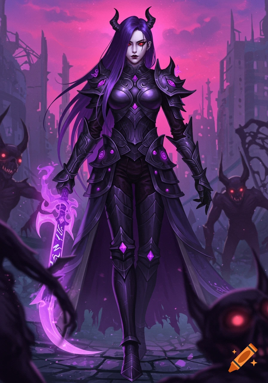 A tall, slim female demon hunter with long purple hair and horns wears dark, ornate armor with purple glowing accents, holding a glowing purple scythe. Demonic figures with red eyes lurk in the background amidst ruined buildings under a vibrant pink and purple sky.
