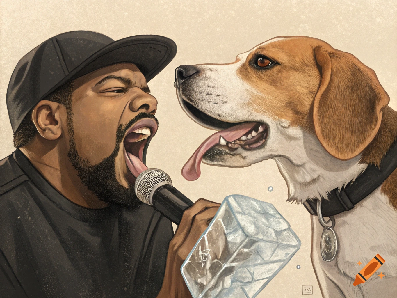 Illustration of rapper Ice Cube with an exaggerated tongue holding a mic and ice block, beside a beagle with its tongue out.