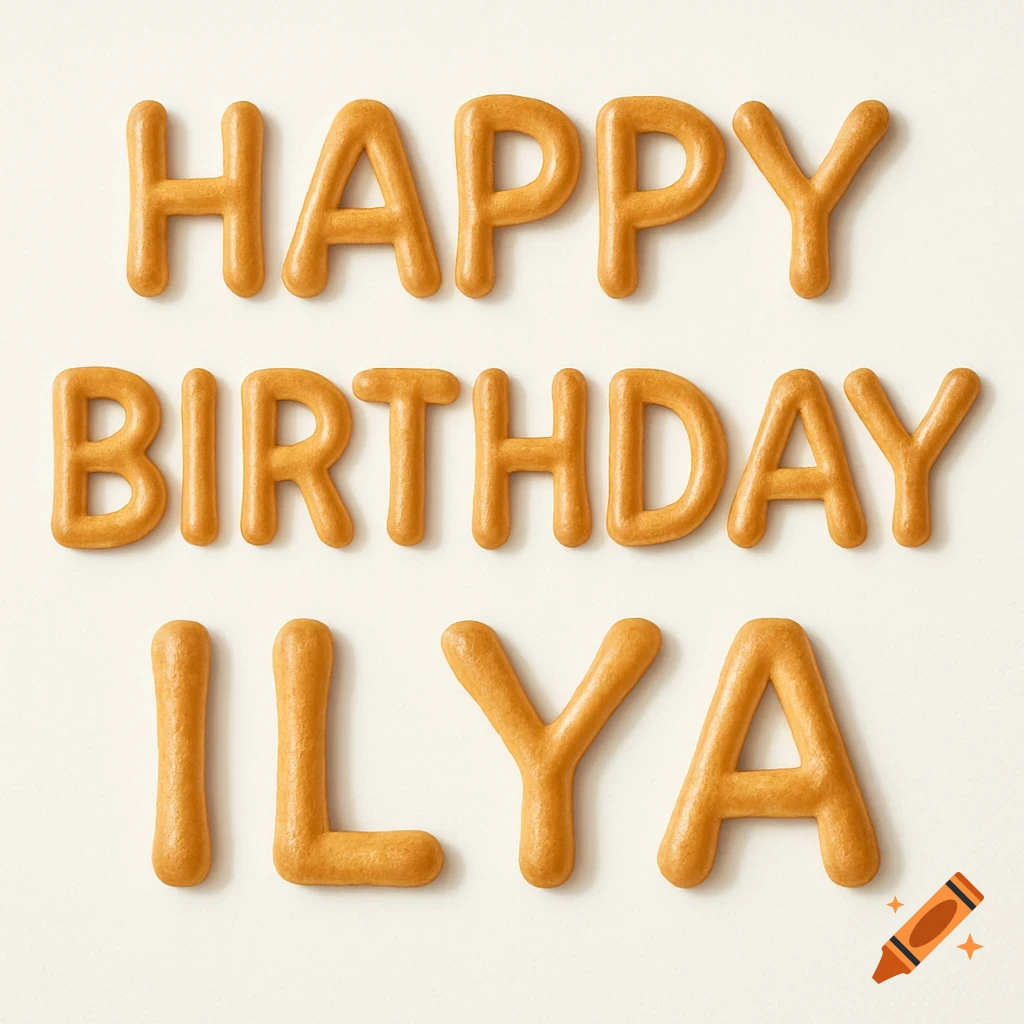 Letters spelling 'Happy Birthday Ilya' made from golden-brown, bagel-like dough on a plain white background, photorealistic.