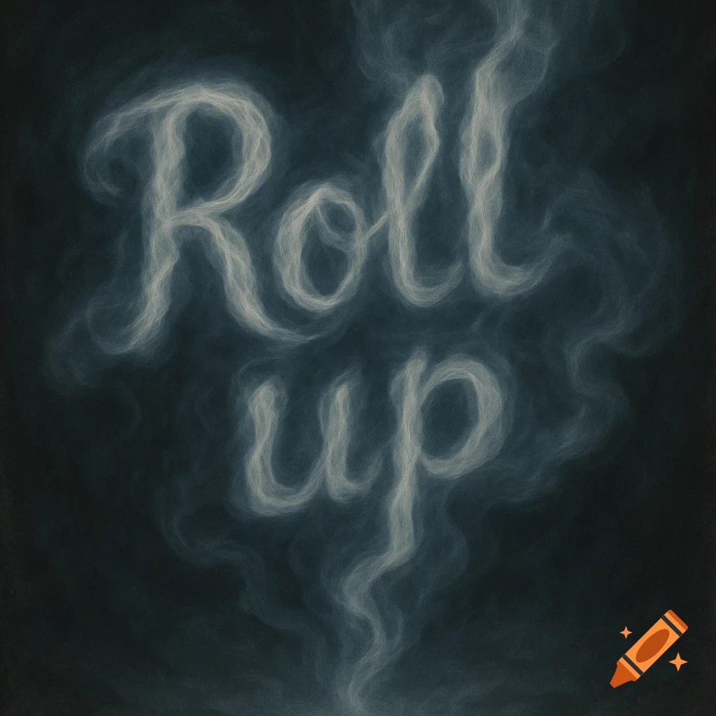 The words 'Roll up' rendered in white, wispy smoke against a dark, smoky background.