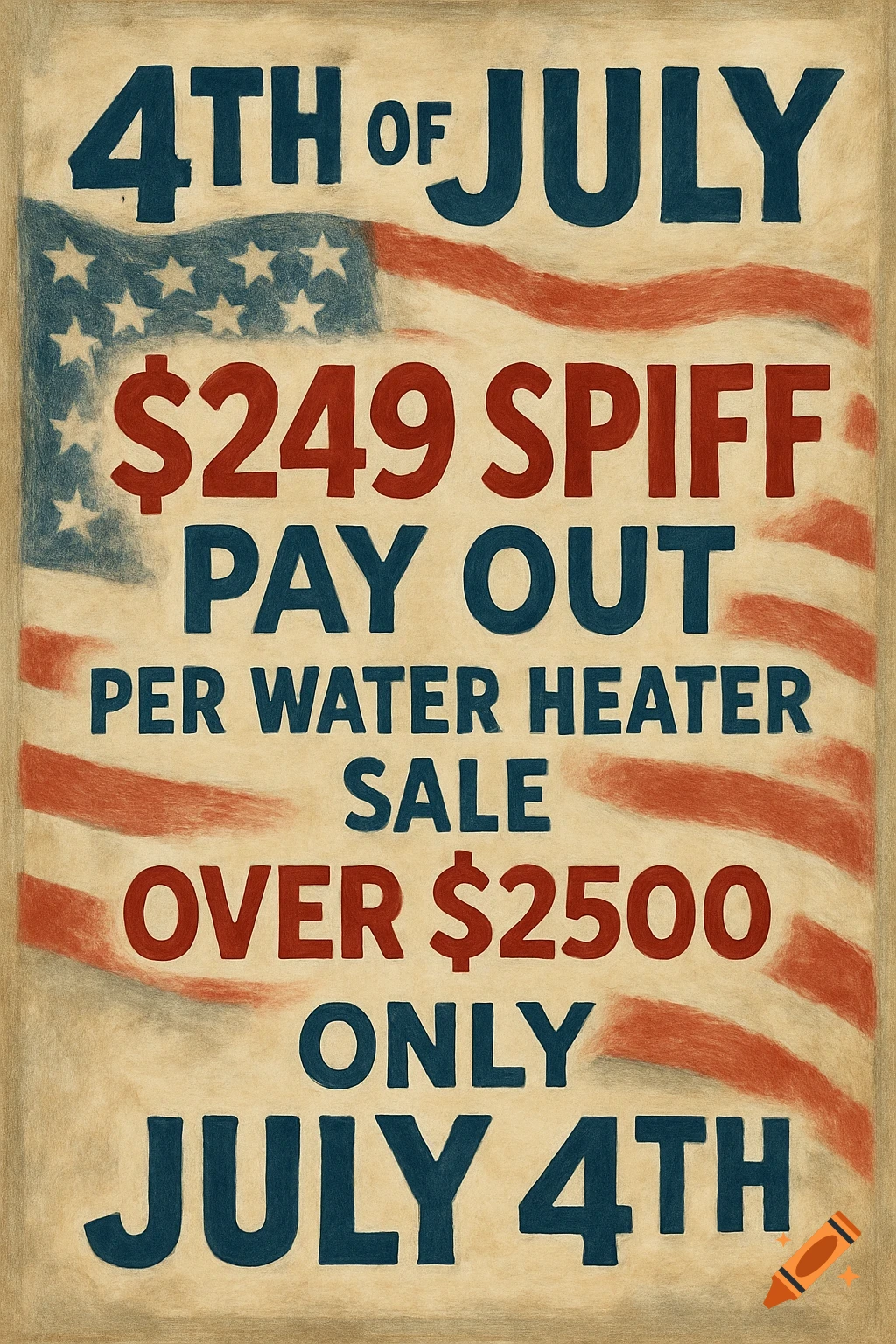 A 4th of July flyer with a vintage style, advertising a $249 spiff payout on water heater sales, featuring an American flag.