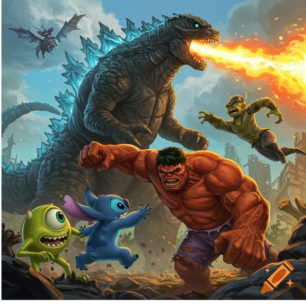 A colorful illustration shows Godzilla breathing fire, Red Hulk punching, Stitch and Mike Wazowski running, and a small flying creature, all amidst a ruined city.