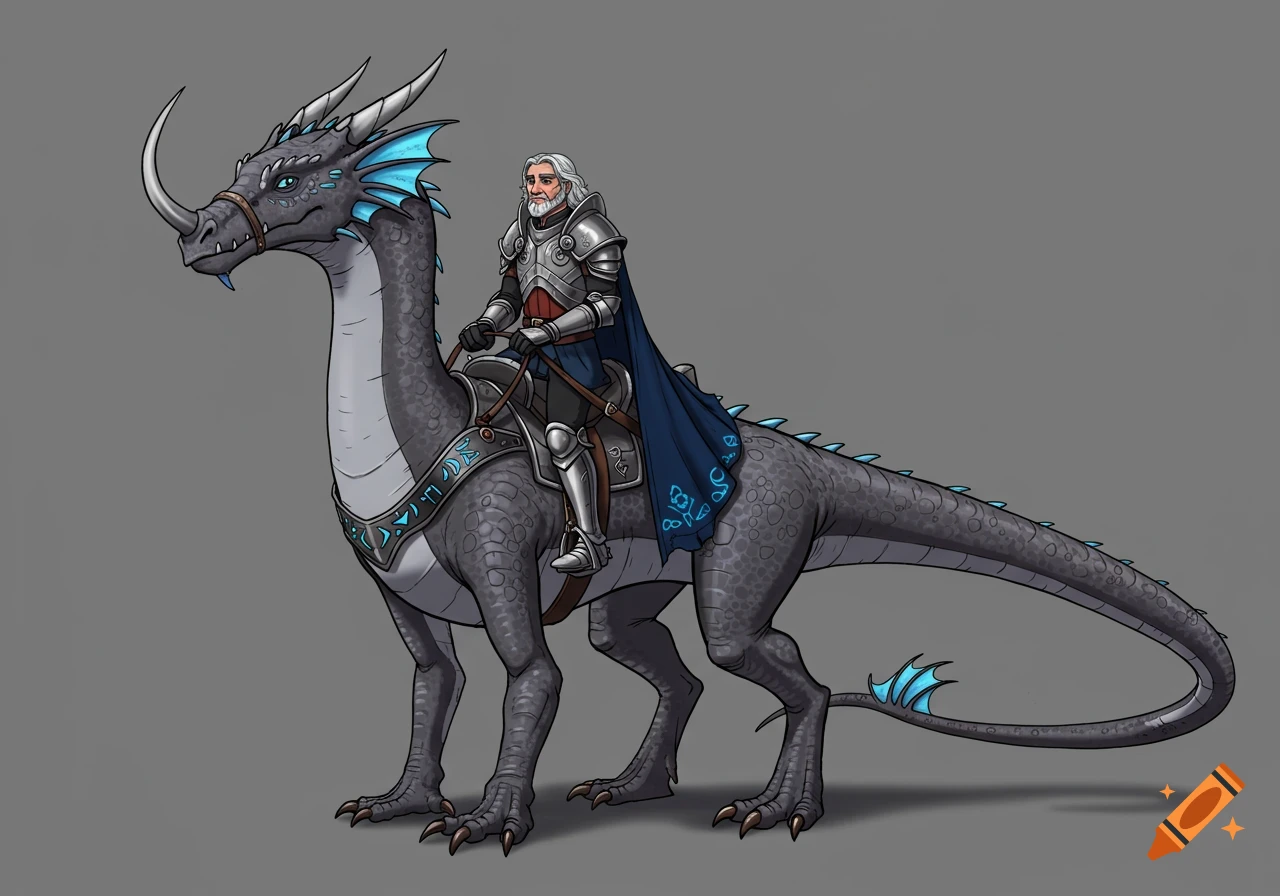 A grey dragon with blue fins and spikes is ridden by a knight in full plate armor and a blue cloak, on a plain grey background.
