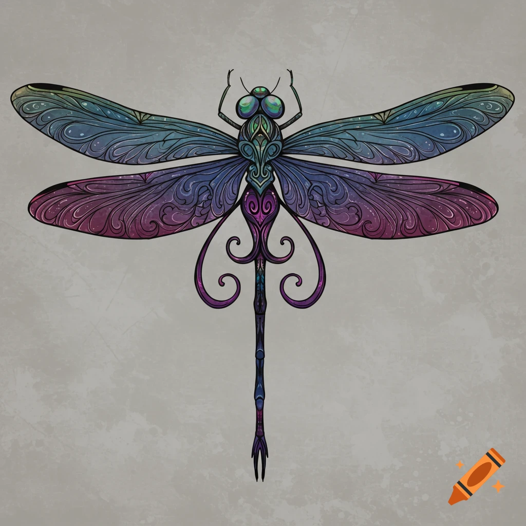 A colorful, ornamental dragonfly illustration with blue and purple wings and a stylized body against a textured background.