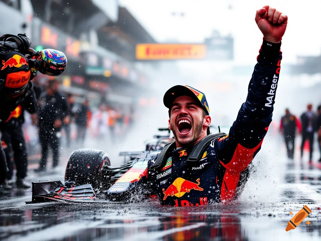Photorealistic image of a Formula 1 driver celebrating in his car on a wet track, raising his fist in the rain.