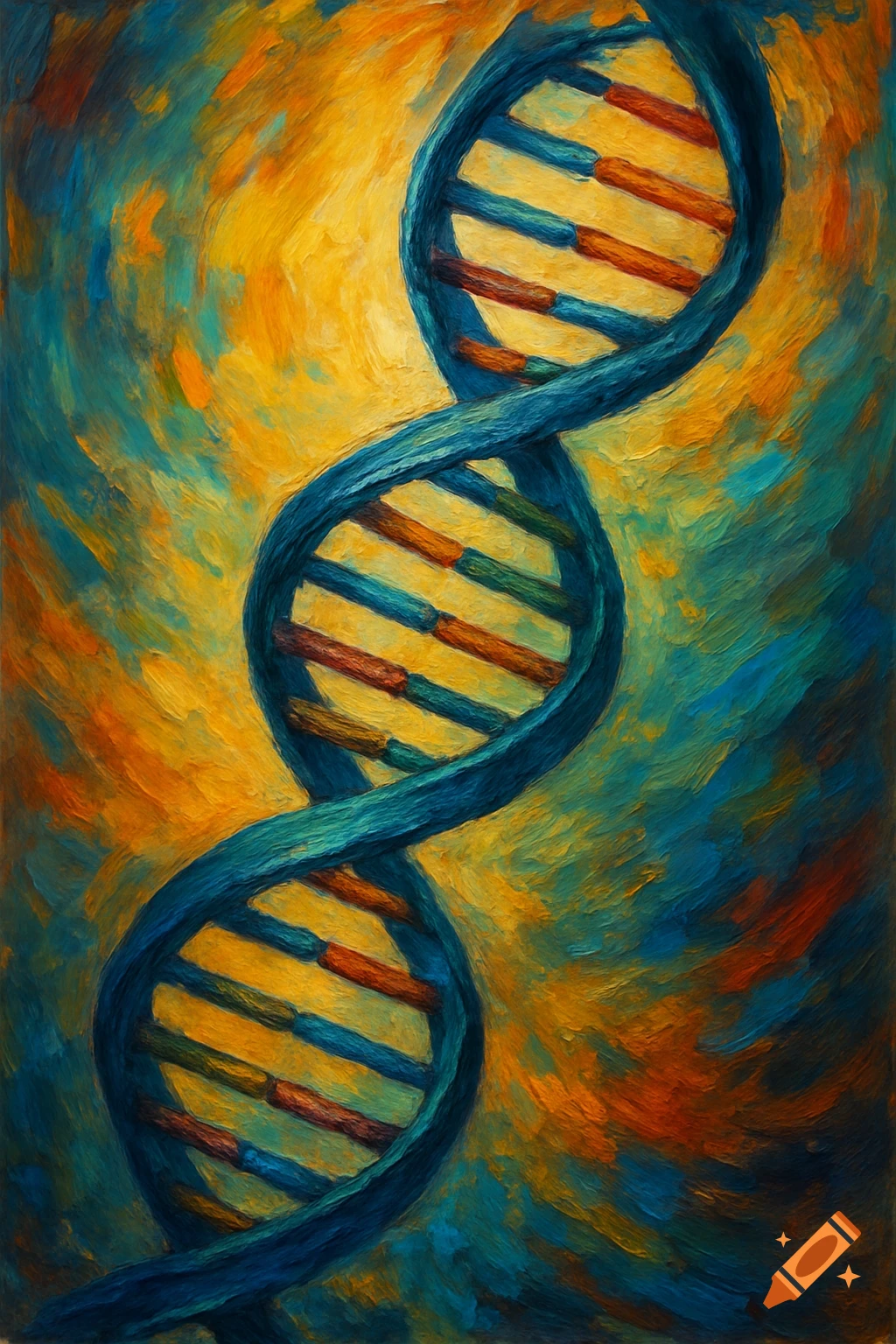 Abstract painting of a DNA double helix in vibrant blue, yellow, and orange tones with a textured brushstroke style.