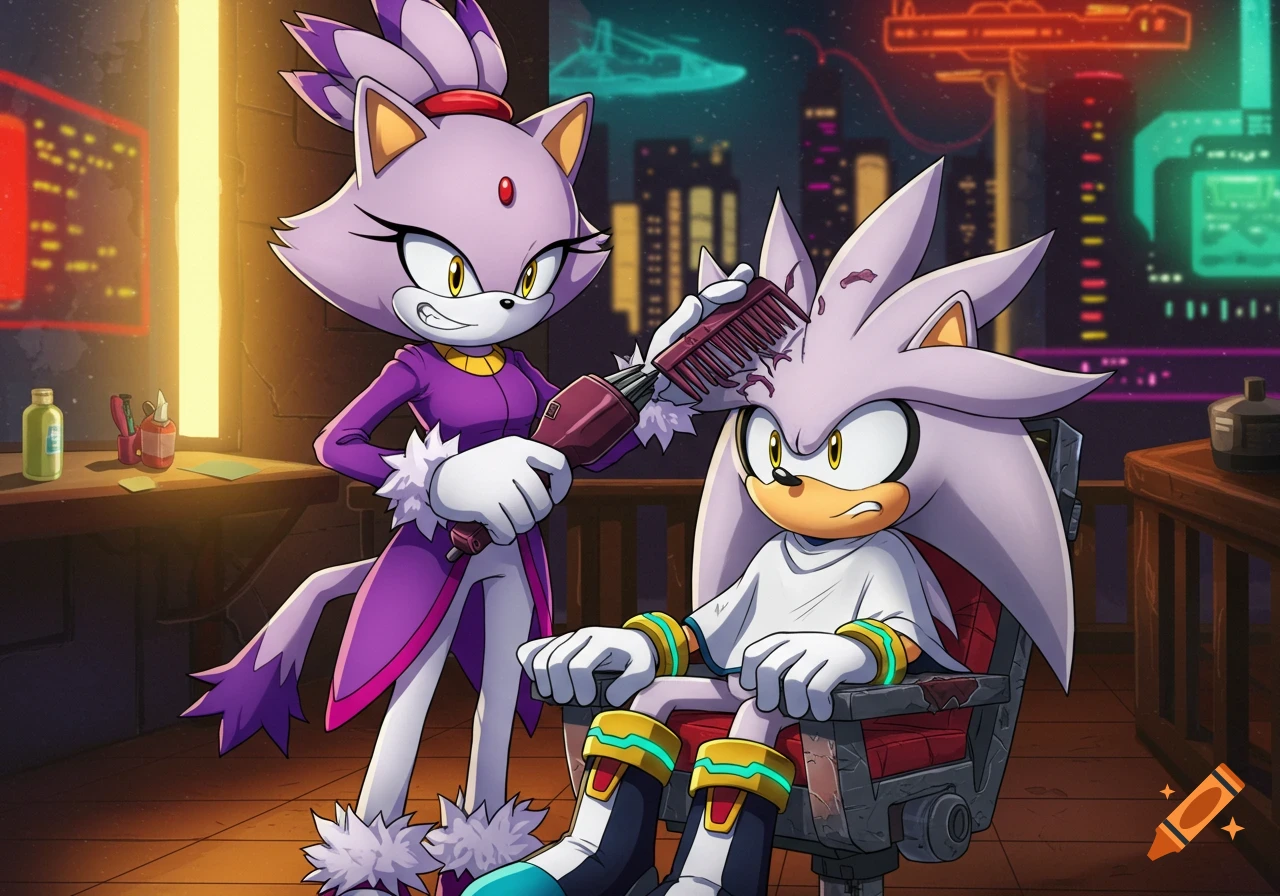 Blaze the Cat gives Silver the Hedgehog a buzz cut in a futuristic barbershop setting.