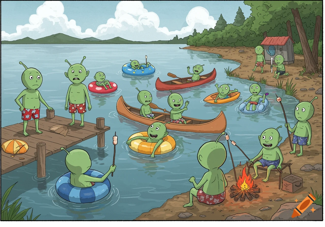 A cartoon drawing of green aliens with big heads and skinny bodies enjoying a lake vacation, some swimming and canoeing, others roasting marshmallows by a campfire.