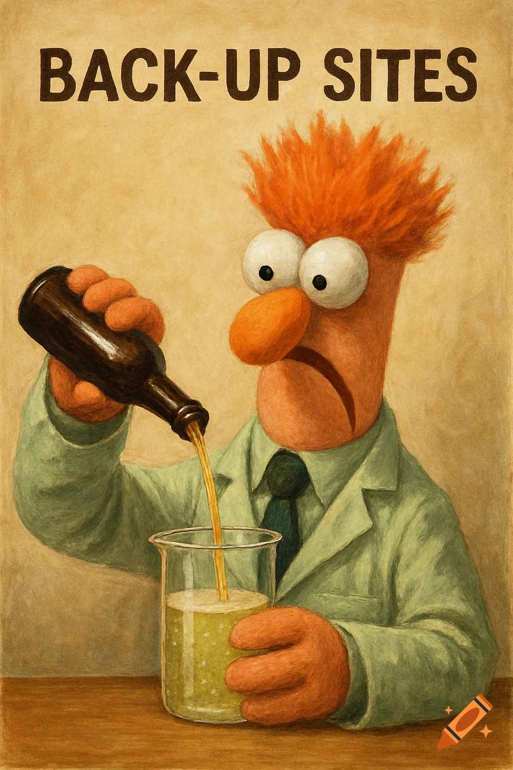 Beaker from The Muppets in a lab coat pours liquid from a bottle into a glass beaker. Text above reads 'BACK-UP SITES'.