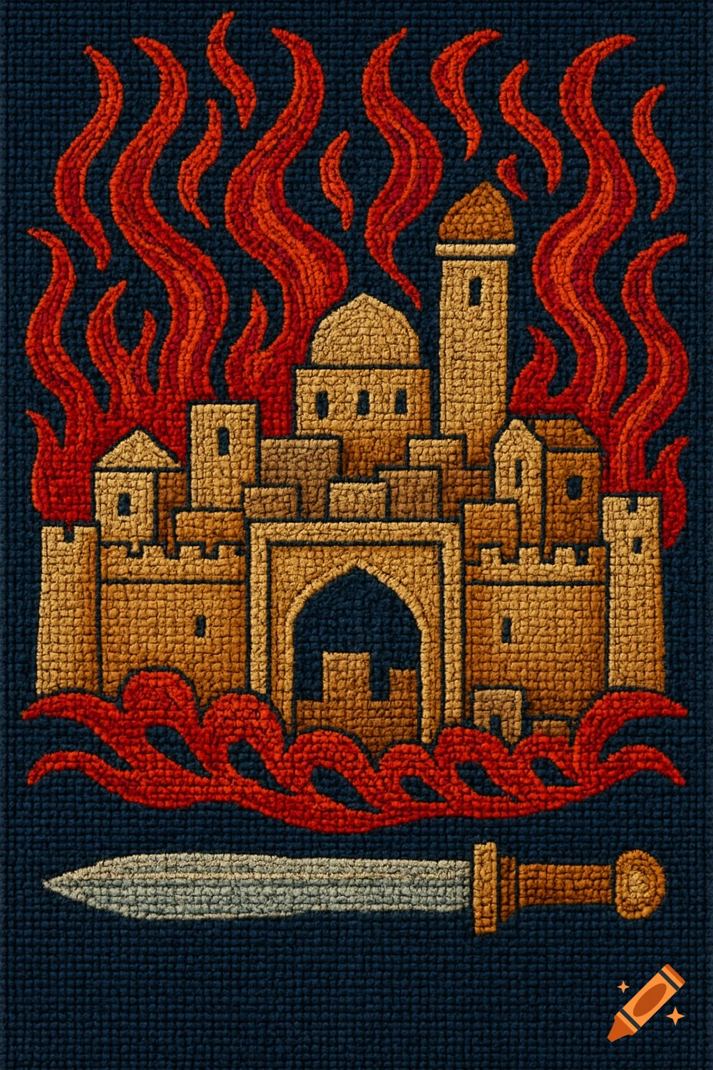 An embroidered artwork depicting a beige Middle Eastern city engulfed in red flames on a navy blue background, with a Roman gladius below.