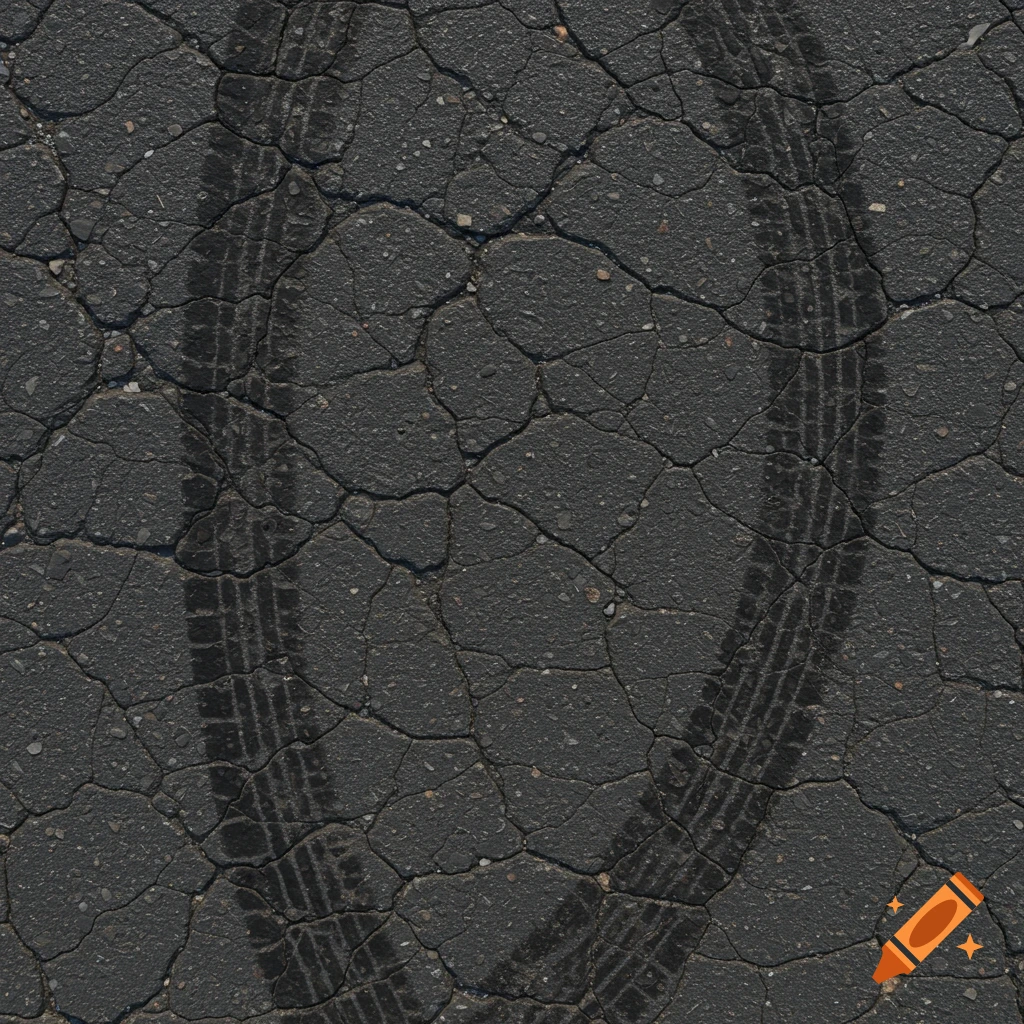 Top-down view of cracked asphalt with dark tire burnout marks in a realistic photo style.