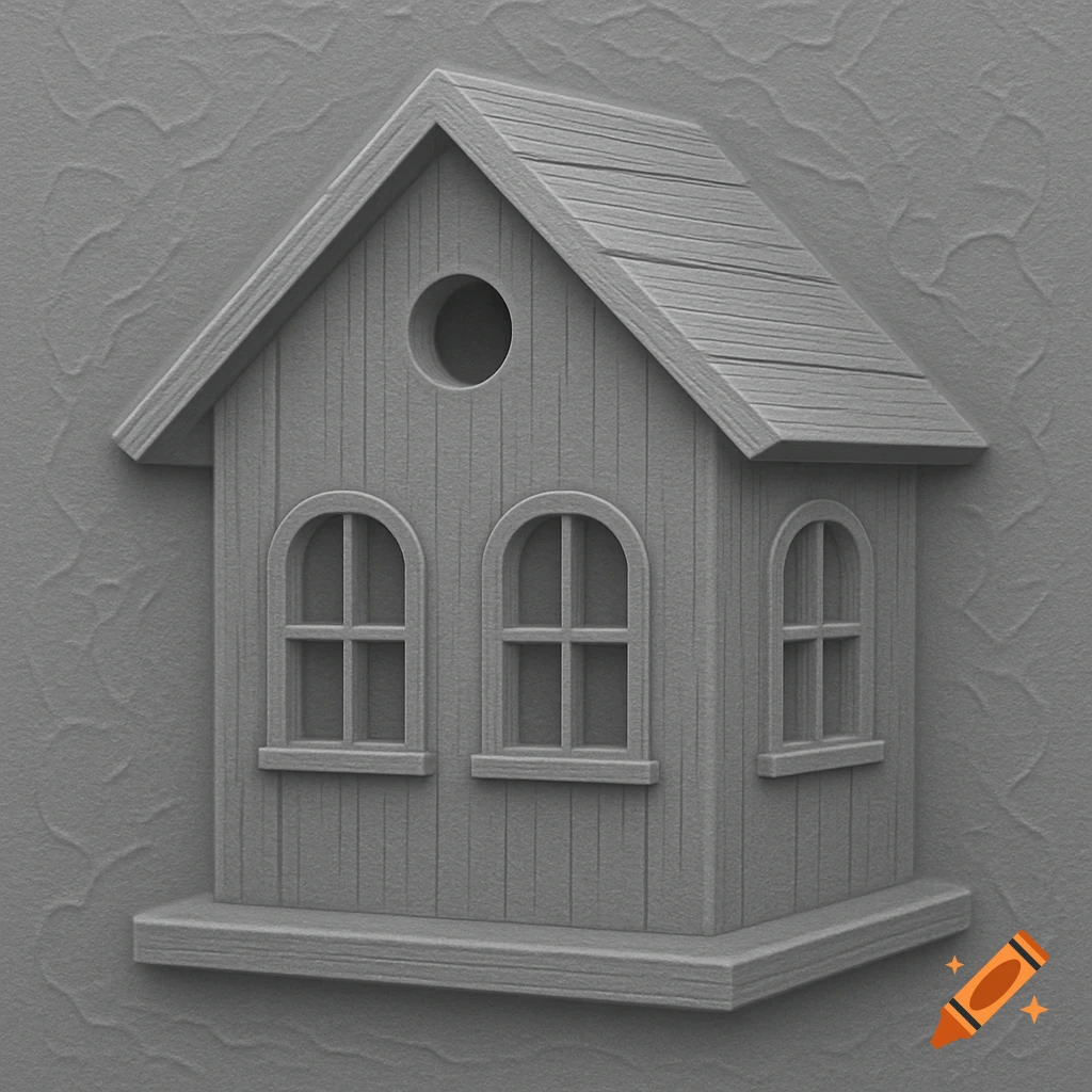 A grayscale depth map showing a detailed birdhouse with a textured background.