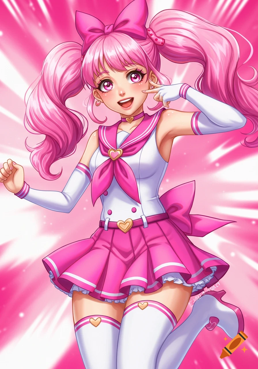 An anime girl with long pink pigtails and a large pink bow smiles while wearing a pink and white sailor uniform with heart accents, white gloves, and thigh-high socks, posing against a bright pink background.