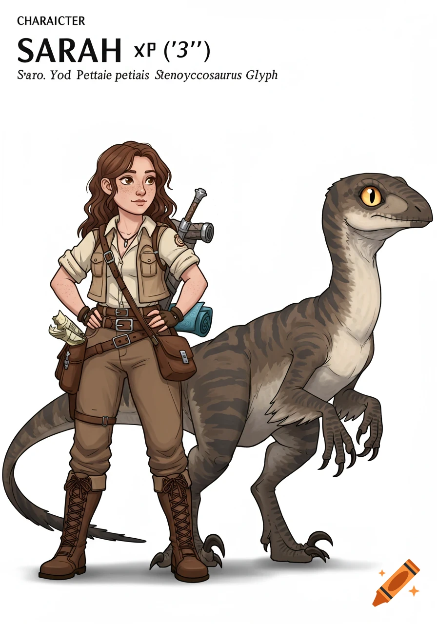A stylized illustration of a young woman in explorer gear standing next to a striped raptor-like dinosaur on a white background.