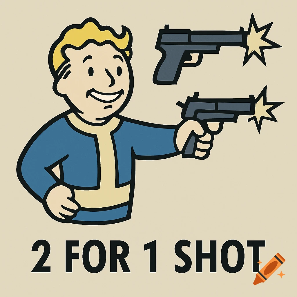 Stylized illustration of Fallout's Vault Boy holding a pistol, with another pistol above, both firing. Text reads '2 FOR 1 SHOT'.