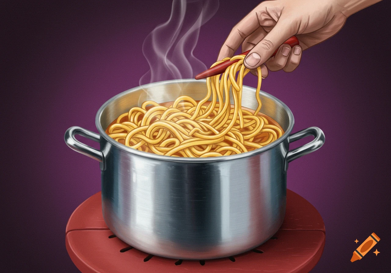 An illustration of a hand using red chopsticks to pull steaming noodles from a metal pot set on a red stand.