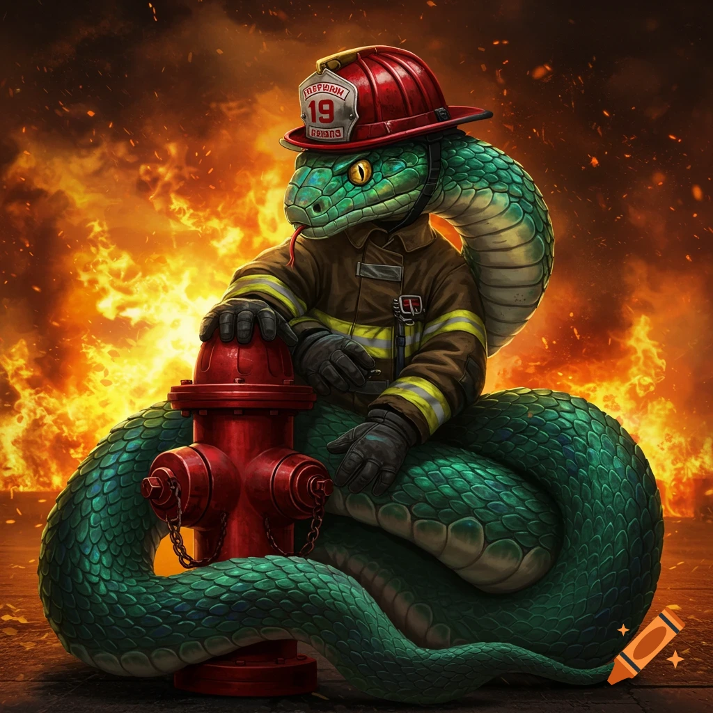 A green snake wearing a firefighter's uniform and red helmet stands next to a fire hydrant amidst raging flames.