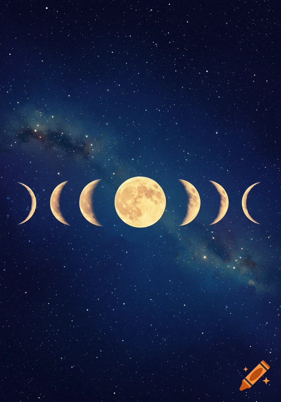 Phases of the moon from crescent to full against a dark blue starry night sky with a milky way.