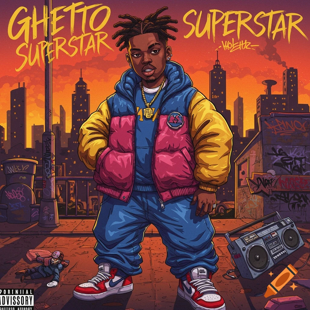 Cartoon illustration of a Black man in hip-hop attire with dreadlocks, standing in an urban street with a boombox and graffiti. Text 'Ghetto Superstar'.