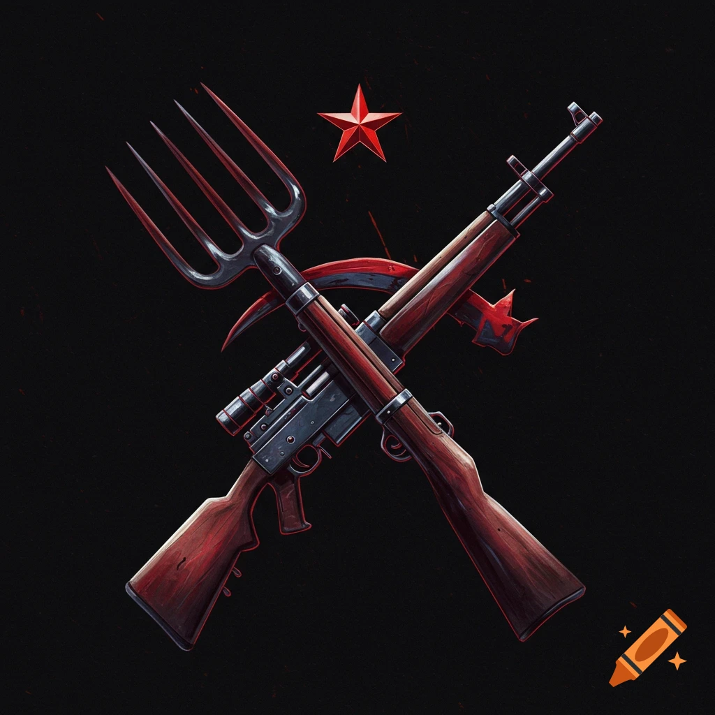A red five-pointed star above a crossed rifle and pitchfork, with a red sickle behind them, on a dark background.
