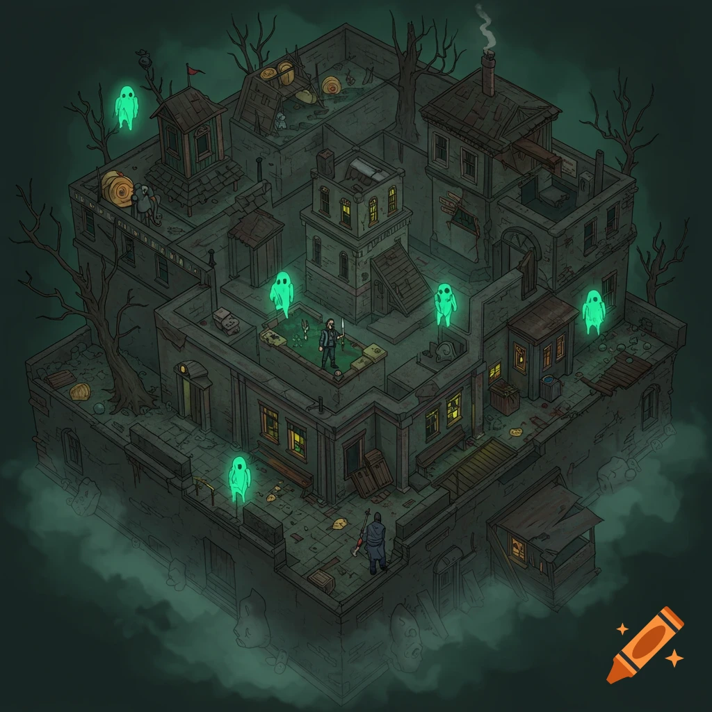An isometric illustration of a multi-level haunted ghost town maze with a character and glowing green ghosts.