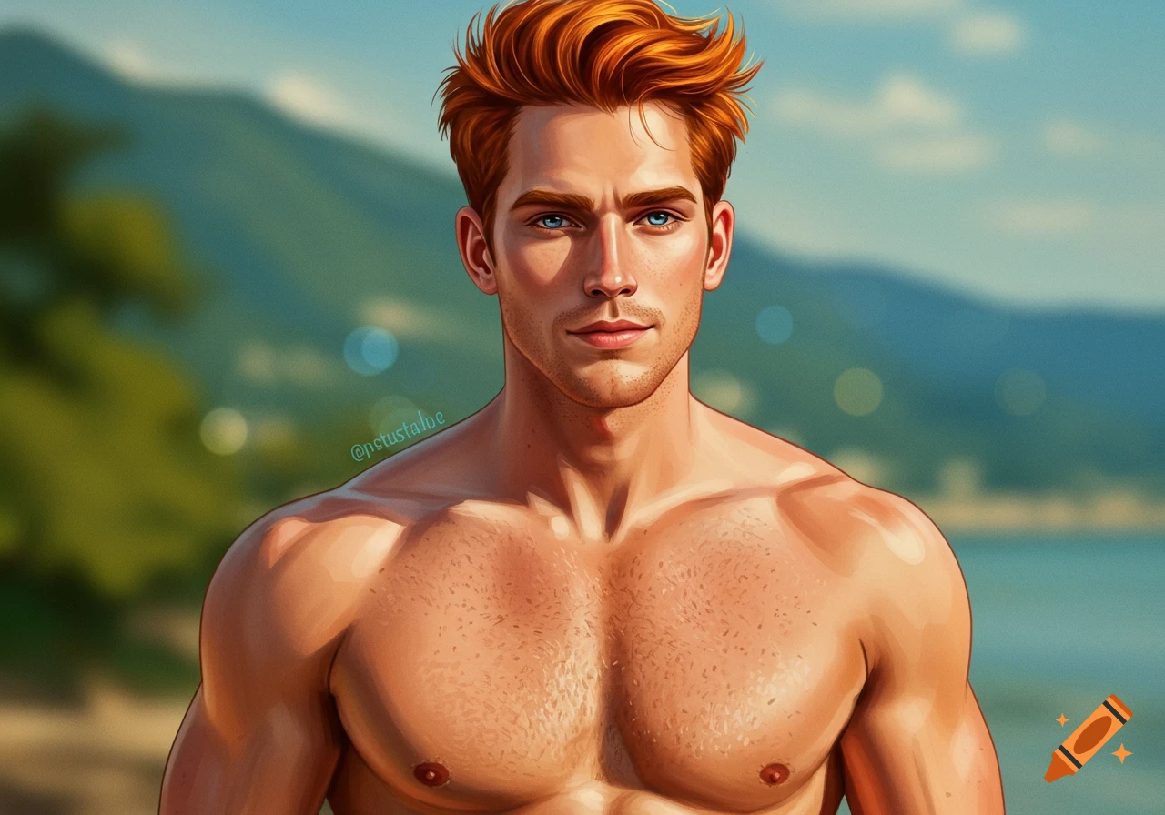 A detailed digital art portrait of a shirtless redhead man with blue eyes, against a blurred mountain and sea background.