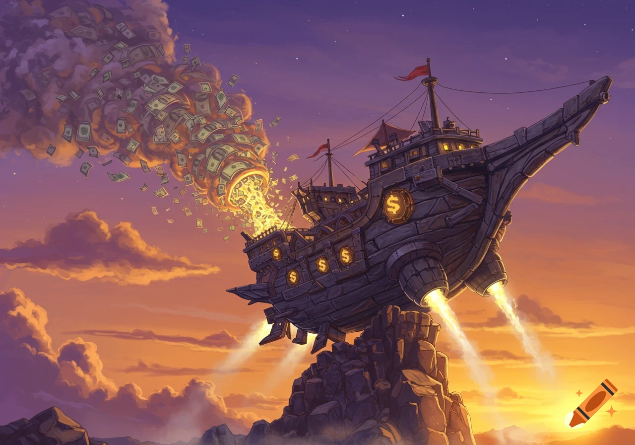 An illustrated fantasy airship, a 'Rockship,' takes off from a rocky peak at sunset, expelling money and fire as its exhaust.