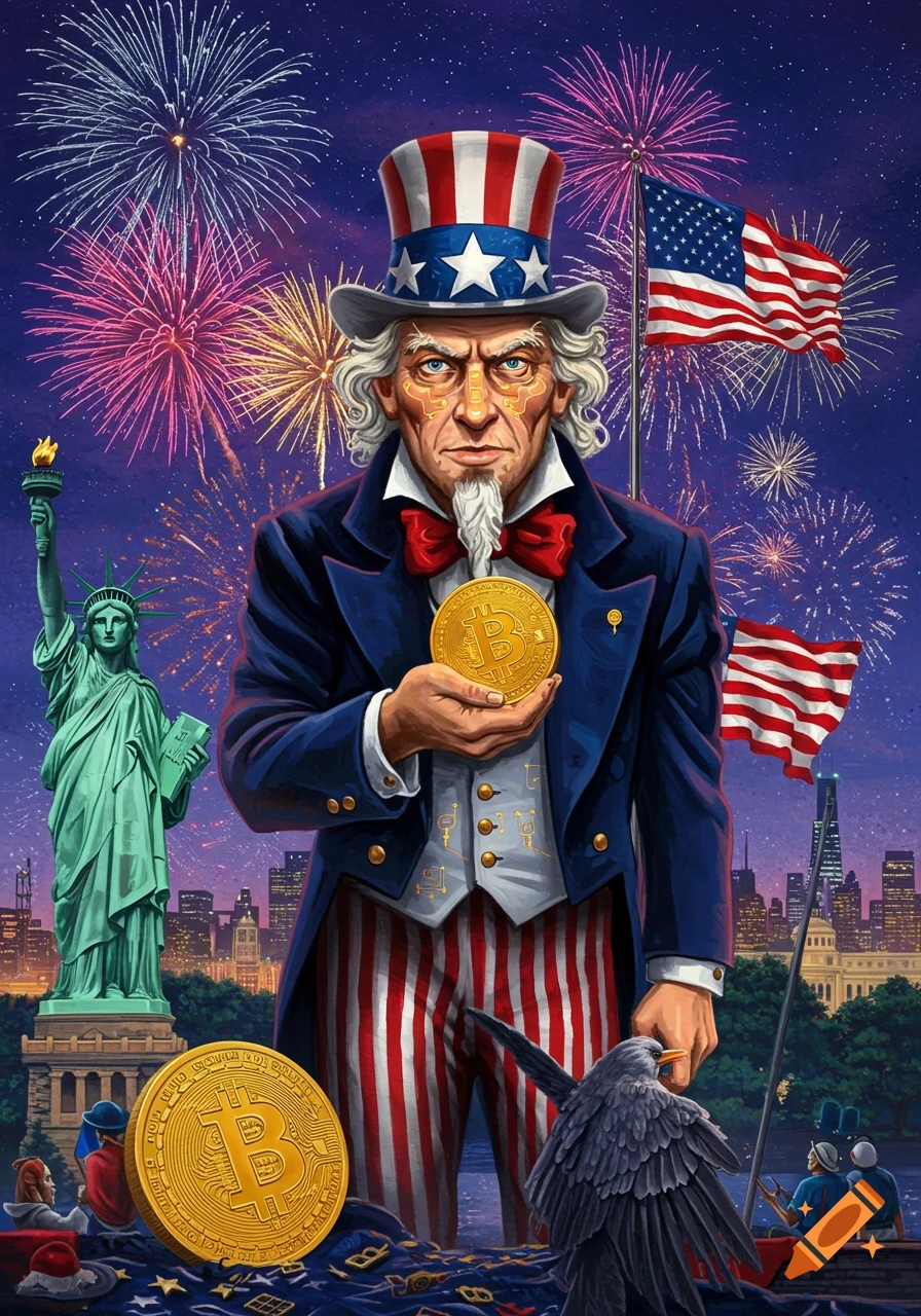 Uncle Sam in patriotic attire holds a Bitcoin, with fireworks, Statue of Liberty, and an American flag.